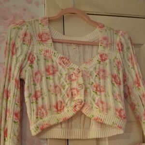 LoveShackFancy Bishop Pink and Cream Floral Cardigan
